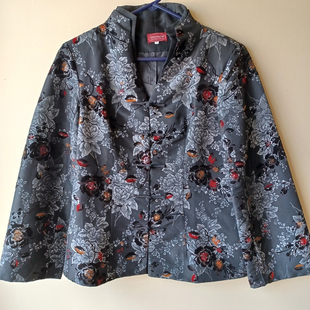 Silver Dragon Gorgeous Silk & Velvet Brocade Floral Jacket Gray/Black/Red/Copper
